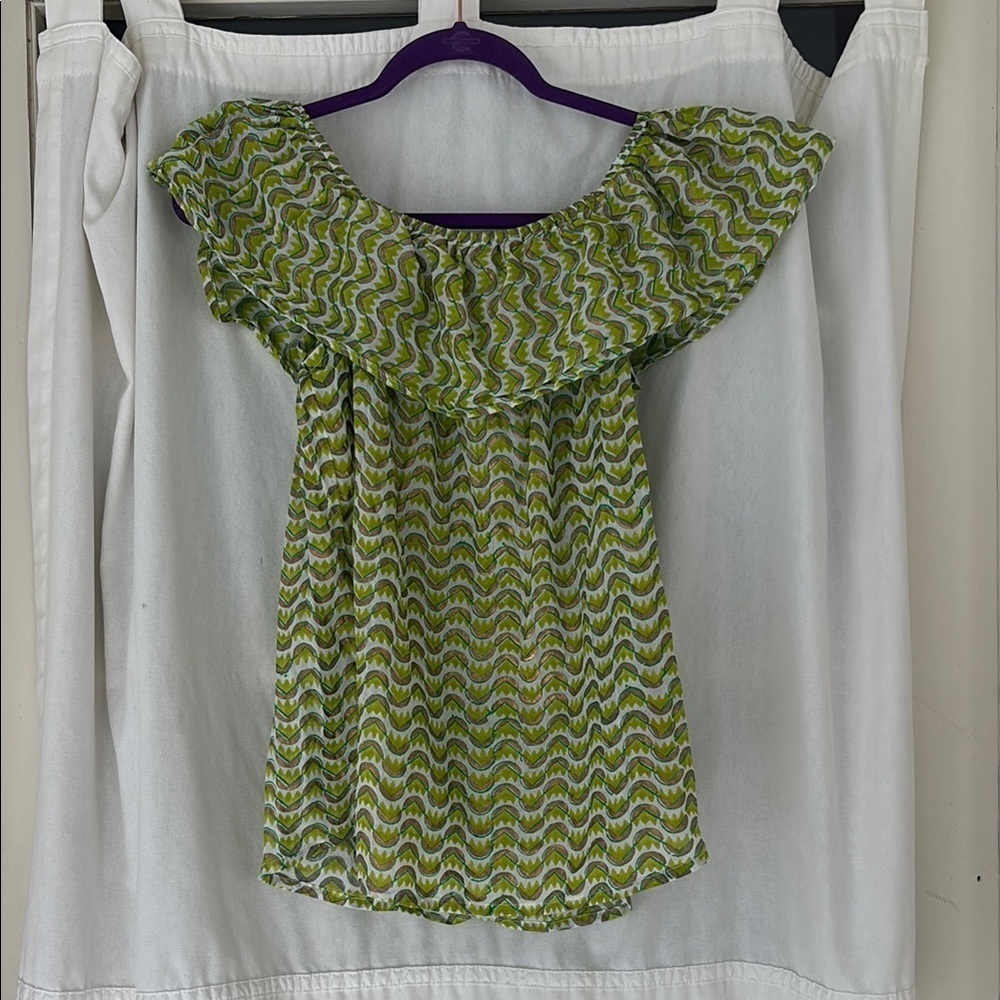OLIPHANT Tuckernuck block print ruffle collar off shoulder blouse size medium
